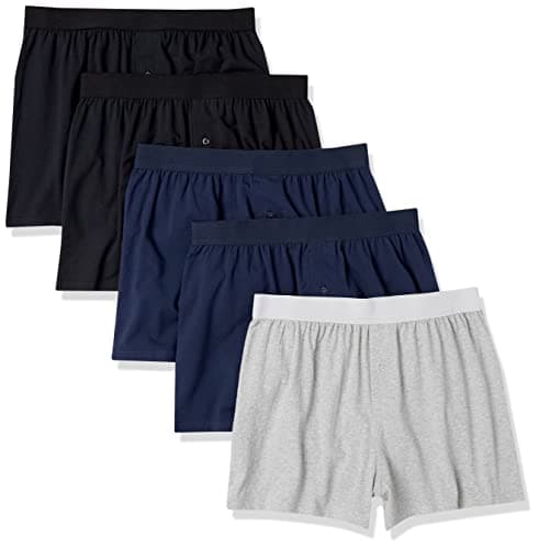 Image of Amazon Essentials Men's Cotton Jersey Boxer Short Underwear (Available in Big and Tall), Pack of 5, Black/Grey Heather/Navy, XXL Plus