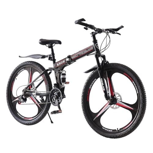 Image of BSTSEL 24 26 27.5Inch Adult Folding Mountain Bike, Dual Suspension Mountain Bikes with 3-Spoke Wheel, 21 Speed Mens and Womens Foldable Mountain Bicycle (26 inch Black&Red)