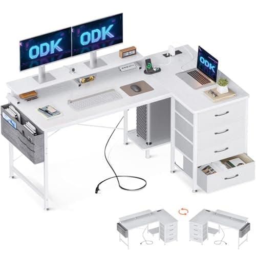 Image of ODK Corner Desk with Drawers, L Shaped Computer Desk 140x80cm with USB Charging Port & Power Outlet, Home Office Desk with Monitor Stand and PC Stand, Gaming Desks Workstations, White