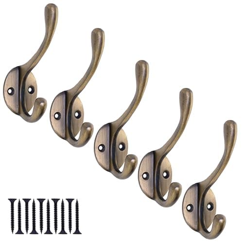 Image of EDUWURXS Heavy-Duty Cast Iron Coat Hooks | Wall-Mounted Rustic Vintage Hooks for Coats, Towels & Clothes | Antique Brass Finish (Pack of 5)