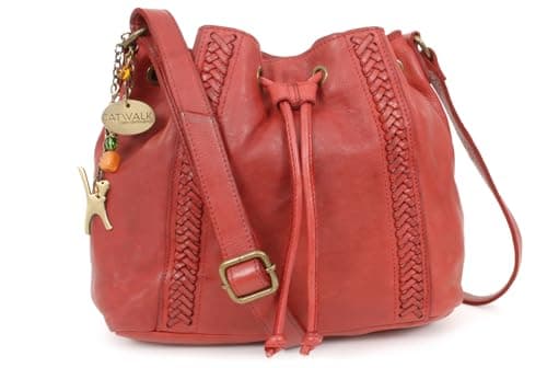 Image of Catwalk Collection Handbags - Women's Crossbody Bag - Medium Drawstring Bucket Bag - Washed Vintage Leather - Francesca - Red