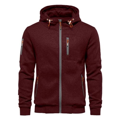 Image of VANVENE Mens Hoodie Sweatshirt Jackets Lightweight Long Sleeve Zipped Hoodie Jumper Top Sweaters New-Red XXL