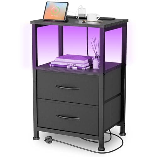 Image of Yornoli Bedside Table with Charging Station 40cm Wide Bed Side Table for Bedroom with Fabric Drawers Small End Tables with Led Lights for Living Room Small Spaces (Black, 1 PC)