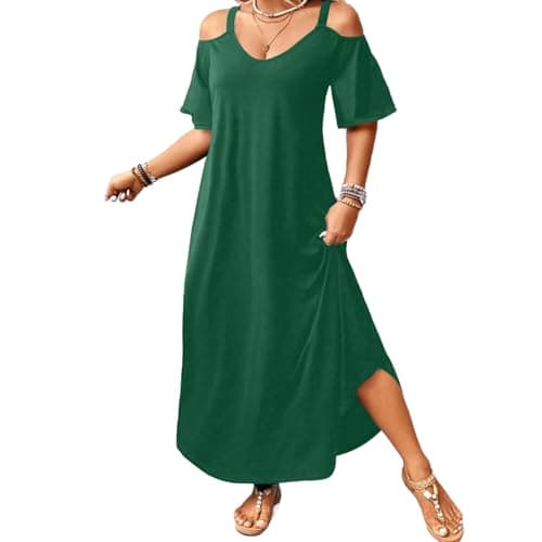 Image of Women Cold Shoulder Dresses Summer Casual V Neck Long Dress Short Sleeve Floaty Beach Dress Ladies Loose Fit Bohemian Swing Vacation Dresses for Night Out Party Holiday Green