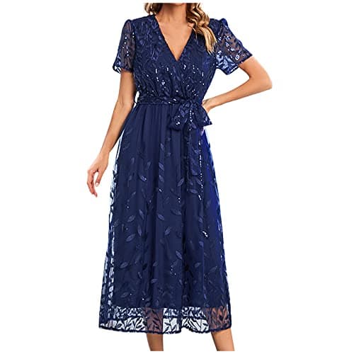 Image of Zeiayuas Cocktail Party Work Dress for Women UK Elegant V Neck Short Sleeve Midi Dress Evening Party Formal Tunic Dresses Ladies Embroidered Floral Lace Mesh Dresses Blue