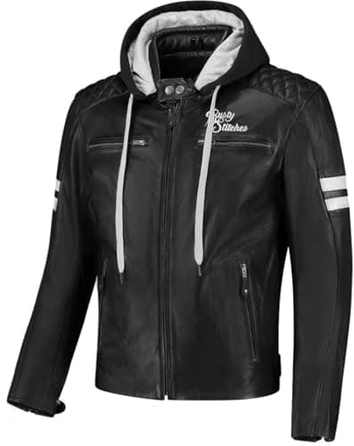 Image of Rusty Stitches Super Jari Hooded V2 Motorcycle Leather Jacket, black/white, 7XL