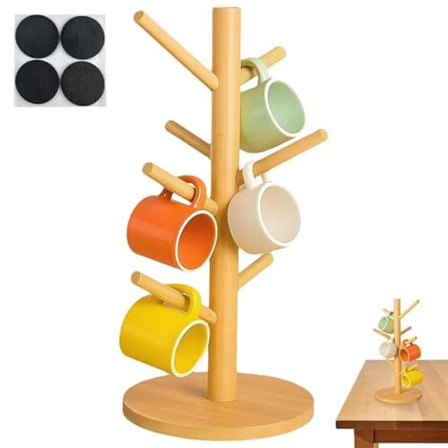 Image of JIUCHAOTONG Mug Tree 6 Mugs, Mug Holder, Wooden Mug Rack Tree, Coffee Cup Stand, with 4 Round Non-Slip Pads, for Counter, Coffee Mugs Rack Organizer