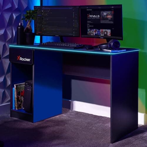 Image of X-Rocker Carbon-Tek 120cm x 50cm, RGB LED Gaming Desk - Neo Fibre Lighting, Built-In Drawer, PC Storage Shelf, Free Standing, Durable Wooden Frame for Kids & Teens - Grey & Blue