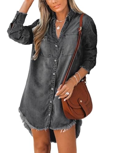 Image of CUPSHE Women Denim Shirt Mini Tunic Dress Casual Oversized Autumn Long Sleeve Frayed Hem Tops Blouse with Pockets Black L