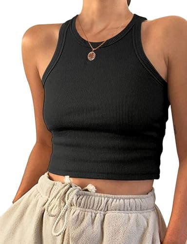 Image of PLOKNRD Womens Tops Ladies Crop Tank Top Vests Summer Basic Clothing Black M