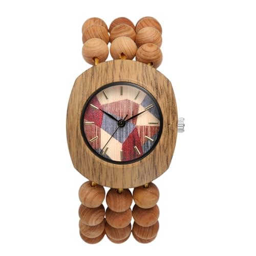 Image of JewelryWe Bohemian Wooden Elastic Watch: Handcrafted Tonneau Beaded Wood Bracelet Watches Colorful Dial with Stretch Band Analog Quartz Wristwatch for Women