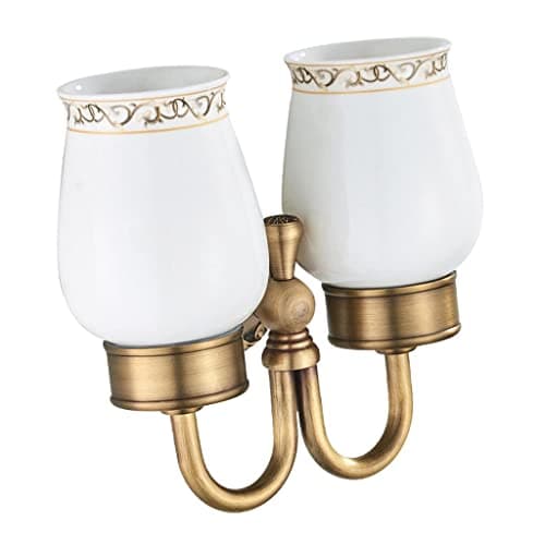 Image of Antique Brass Wall Mount Toothbrush Tumbler Holder with Double Ceramic Cups
