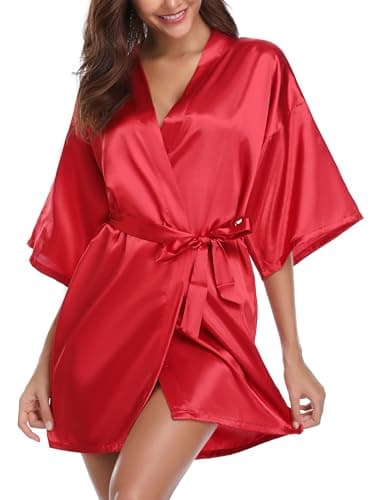 Image of Vlazom Women Kimono Robes Satin Dressing Gown Short Bridal/Bridesmaid Robe Nightwear with Oblique V-Neck, S(UK 6), Wine Red