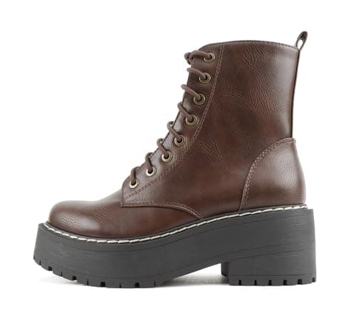 Image of Soda FLING Women Chunky Lug Sole Lace up Fashion Combat Ankle Boot w/Side Zipper, Brown Pu, 6 Wide