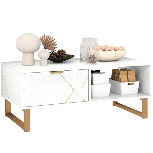 Image of HOMCOM Marble-Effect Coffee Table with Storage, Living Room Table with Drawer and 2 Open Shelves, Modern Centre Table with Fluted Door, White