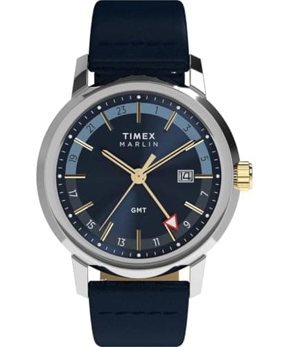 Image of Timex Men's Marlin Quartz GMT 40 mm Quartz Watch - Blue Leather Strap with Blue Dial and Stainless Steel Case TW2Y47900
