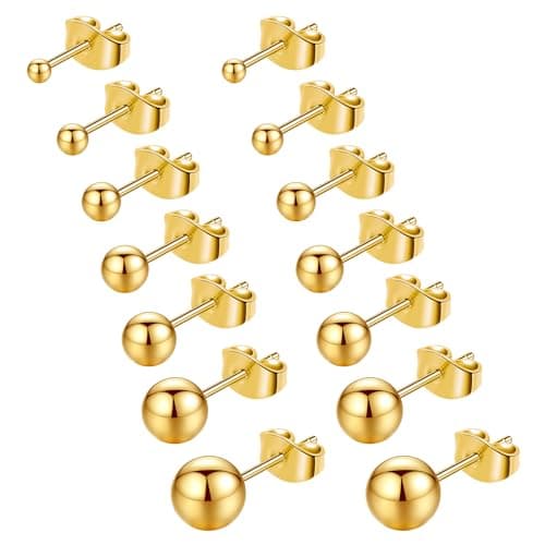 Image of 7 Pairs Stainless Steel Round Ball Stud Earrings Set Gold Stud Earrings for Women Girls Cartilage Earrings Hypoallergenic Ball Earring Ear Studs Men Jewellery with Sizes 2-8mm Gift for Women & Men
