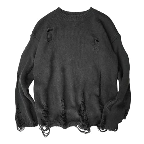 Image of OULIWANGLUO Men's Ripped Sweater Pullover Round Neck Knit Sweater Oversized Distressed Knit Jumpers (Black,X-Large)
