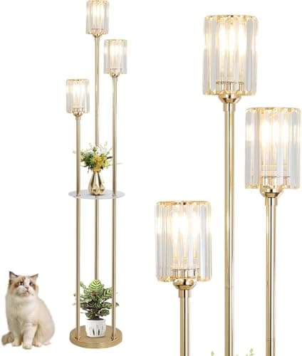 Image of Rayofly Modern Floor Lamp with Shelves, 3-Lights Gold Floor Lamps for Living Room, Crystal Standing Lamp with Glass Shades & Foot Switch, Glas Standing Lamps for Bedroom, Dining Room, Hall, Office