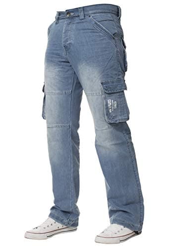 Image of ENZO Mens Designer Cargo Combat Jeans Denim Pants All Waist Sizes (32W x 32L, Light Stonewash)