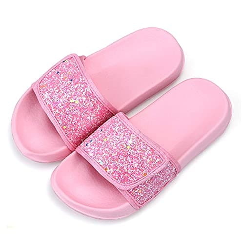 Image of Girls Glitter Sliders Fashion Summer Slippers Non-Slip Slide Sandals Lightweight Beach Pool Shoes for Indoor Outdoor,Pink,Size 2UK (Label 34)