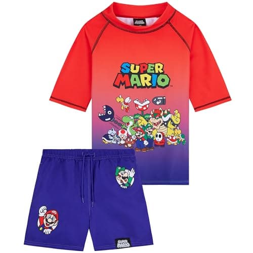 Image of Get Trend Super Mario Boys Swim Suit Set 7-13 Yrs, 2 Pcs Swimming Costume with Shorts, UPF 50+ Pool Rash Vest Swimming Trunks (9-10 Years, Red/Blue Super Mario)