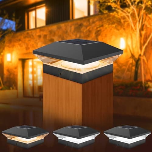 Image of T-SUNUS 4 Pack Solar Post Lights Outdoor LED Warm/White Light Solar Modern Fence Deck Cap Lights IP65 Waterproof Auto On/Off Column Lamp Decoration for Garden Deck Patio (5 * 5in)