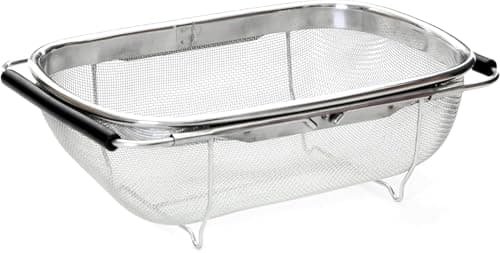 Image of Nobel Kitchen Sink Strainer Stainless Steel Wire Mesh, Pasta,Washing Vegetables,Rice,Fruit and Dish Storage Strainer Over Sink Extendable (38-58cm) Over The Sink Colander