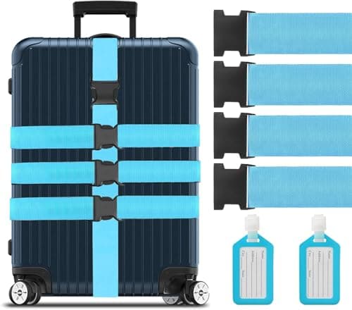Image of Inorbit Blue Luggage Straps for Suitcases, 4 Pack Adjustable Buckle Strap, Nylon Material, Fits Most Suitcase Sizes, TSA Friendly, Travel Essentials