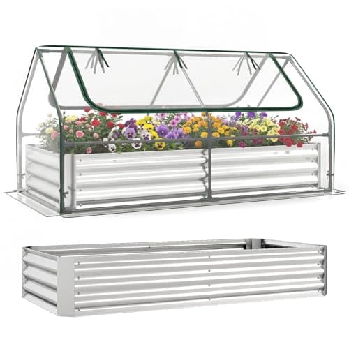 Image of GiantexUK Raised Garden Bed with Greenhouse, 2 in 1 Galvanized Metal Rectangular Planter Box with Cover & Roll-up Windows, Bottomless Flower Herb Vegetable Grow Box (Clear PVC Cover, 183 x 91 x 94cm)