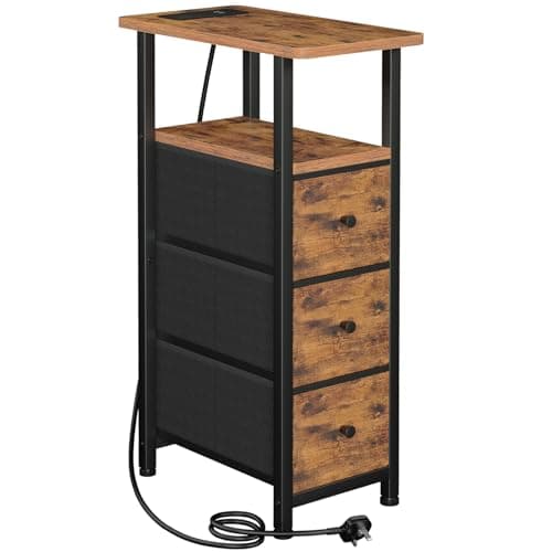 Image of LOAKEKEL Slim Bedside Table with Charging Station, Narrow Side Table with 3 Fabric Drawers, Small Sofa Table with Open Storage Shelf, Nightstand for Small Spaces, Living Room, Brown UHETNDP03BR-1