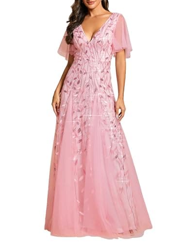Image of Ever-Pretty Women's V Neck Short Sleeve Elegant Floor Length A Line Long Tulle Evening Dresses Pink 16UK