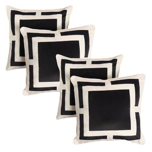 Image of OHS 4 Pack Cushion Covers 45 x 45 Square Print, Matte Velvet Soft Decorative Square Throw Pillow Cover with Invisible Zipper Home Decoration Cushion Covers for Living Room Bedroom, Black/Cream