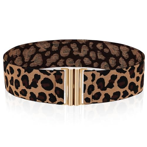Image of Amabro Women Stretch Waist Belts, Skinny Elastic Wide Waistband Leopard Print Retro Dress Tuck Belt, Unique Buckle (Gold)