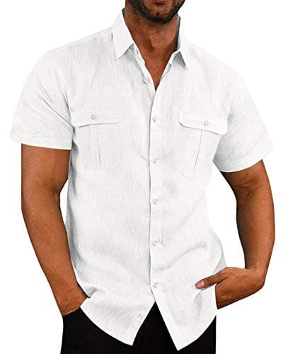 Image of Linen Shirt Men's Short Sleeve Summer Shirt Men's Casual Shirt Business Shirt Beach Shirt with Pockets, White, L