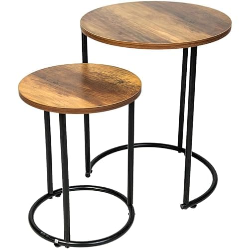 Image of YORKSHIRE HOMEWARE Round Coffee Table Set of 2 | Nesting Table for Small Space, Living Room | Sofa Side Table for Bedroom Black Metal Frame with Solid Oak Wooden Effect, 40D x 40W x 49H centimetres