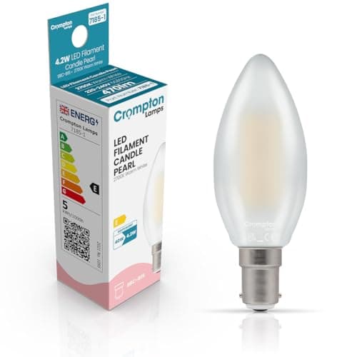 Image of Crompton Lamps Filament Candle LED Light Bulb SBC-B15d | 4.2W = 40W Equivalent | Warm White 2700K | Energy Efficient | Small Bayonet Lightbulb | Long Life 10,000-Hrs | Pearl Glass | Dimmable