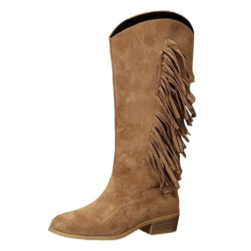 Image of Generisch Winter Riding Boots Women's Casual Plain Tassel Suede Large Size Block Heel Mid Calf Boots Long Boots, brown, 8 UK
