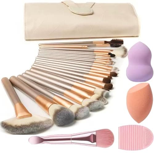 Image of Makeup Brush Set, NEVSETPO 28PCS Make Up Brushes For Women Include 24 Makeup Brushes 2 Sponges, 1 Dual End Mask Spatula, 1 Brush Egg Cleaner, 1 Travel-Friendly Easy Clean Roll Up Makeup Bag