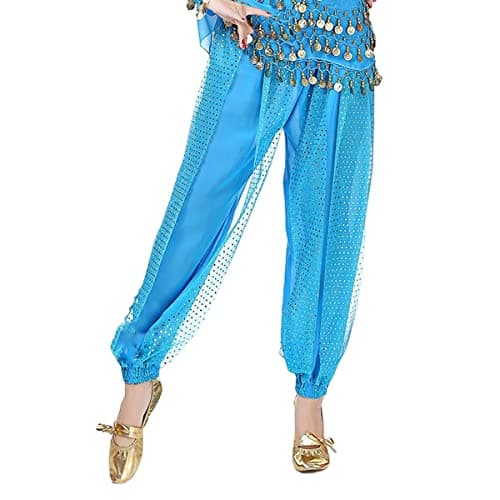 Image of SamHeng Belly Dance Harem Pants, Women's Chiffon Tribal Arabic Trousers, Sequin Shiny Loose Belly Dance Costume Bloomer Trouser for Belly Dancing Yoga Pilates Zumba Party Performance Costume