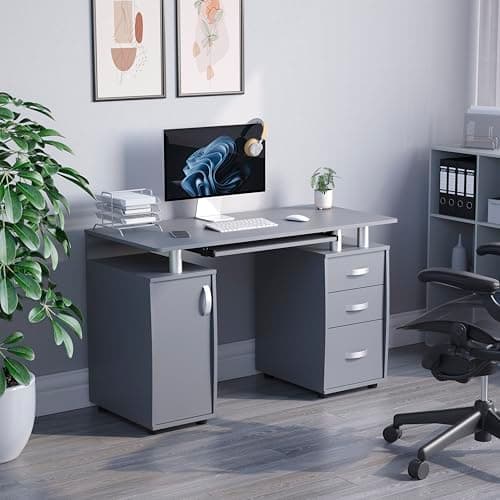 Image of Vida Designs Otley Computer Desk with Shelves and 3 Drawers, Home Office PC/Laptop Gaming Table, Study Workstation with Keyboard Tray, Furniture, Grey