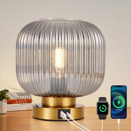 Image of HARPER LIVING Table Lamp with USB-C & USB-A Charging Ports, Touch Control Dimmable Desk Lamp, Smoked Glass Shade & Brass Base Bedside Light for Bedroom Office Study, E27 Socket No Bulb