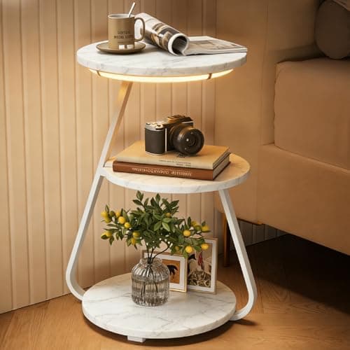 Image of ARTETHYS Side Table, Small Round Coffee Table with 3 Color LED Lights, End Table with 3 Tier Storage Shelves, Bedside Sofa Side Tables for Living Room Bedroom, White Marble