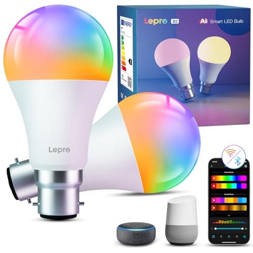 Image of Lepro AI Smart Bulb B22, 1100lm WiFi Bulb, Music Sync Colour Changing Light Bulbs, Personalized AI Lighting Designer, Dimmable, Voice Control, Works with Alexa & Google Assistant, 2 Packs