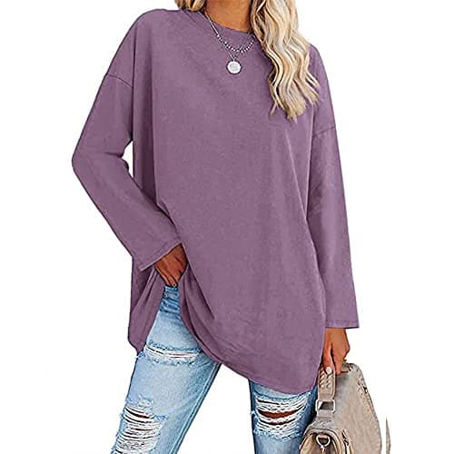 Image of Famulily Women's Comfy Tunic T Shirt Loose Fitted Long Sleeve Tee Shirts Ladies Elegant O Neck Tops Purple XXL