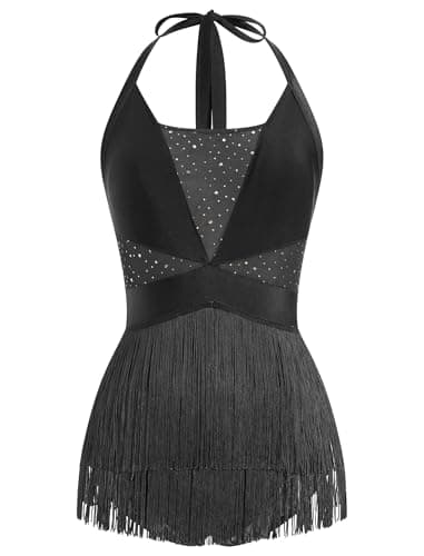 Image of EFOGEP Womens Latin Dance Costume Sequins Fringe Bodysuit Sparkly Tassel Dance Leotard Halter Neck Latin Tangos Salsa Jazz Acrobat Outfits Black M