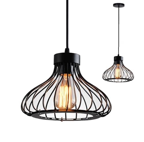 Image of Chrasy Industrial Retro Cage Ceiling Pendant Light, Shades Metal Basket Lamp, Vintage Rustic Black Wire Cage Guard Hanging Lighting Fixture for Kitchen Island Loft Restaurant