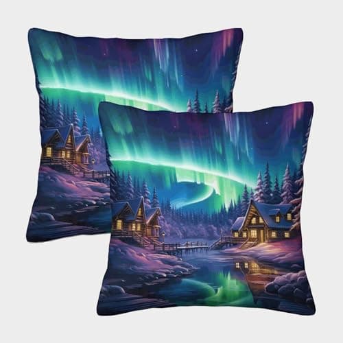 Image of NRAOPEVVD Northern Lights Cushion Cover 2 Pack Decorative Machine Washable Pillowcases Square Cushions with Invisible Zipper Cushion Covers for Living Room Sofa Couch Bed Throw Pillow Case 45x45cm