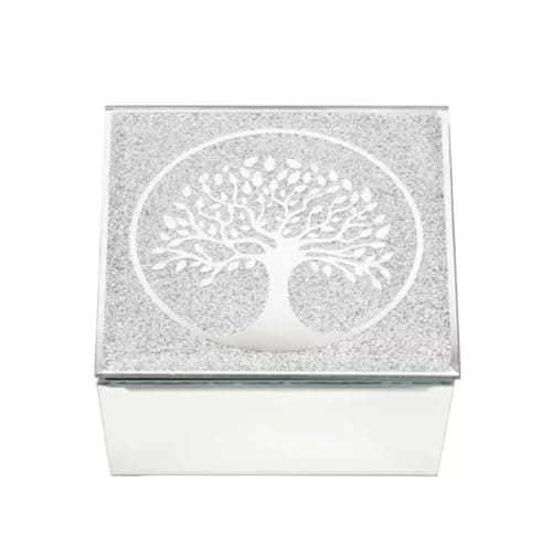 Image of Widdop & Co. Hestia Glass Tree of Life Trinket Box - Silver Glitter Mirrored Jewellery Box - Elegant Keepsake Box - Hestia Range