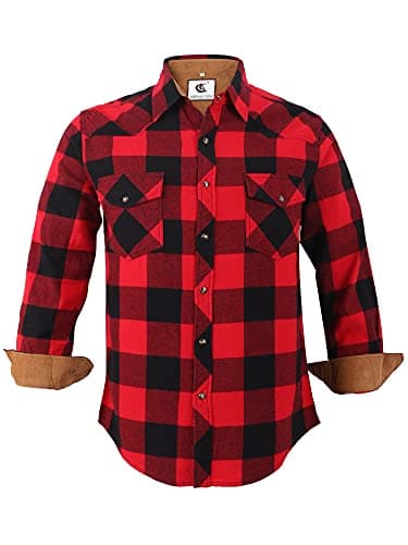Image of COEVALS CLUB Mens Flannel Shirt Long Sleeve Checked Snap Cotton with Pocket Regular Fit Plaid Lumberjack Casual Work Shirt (Red Black #1 L)